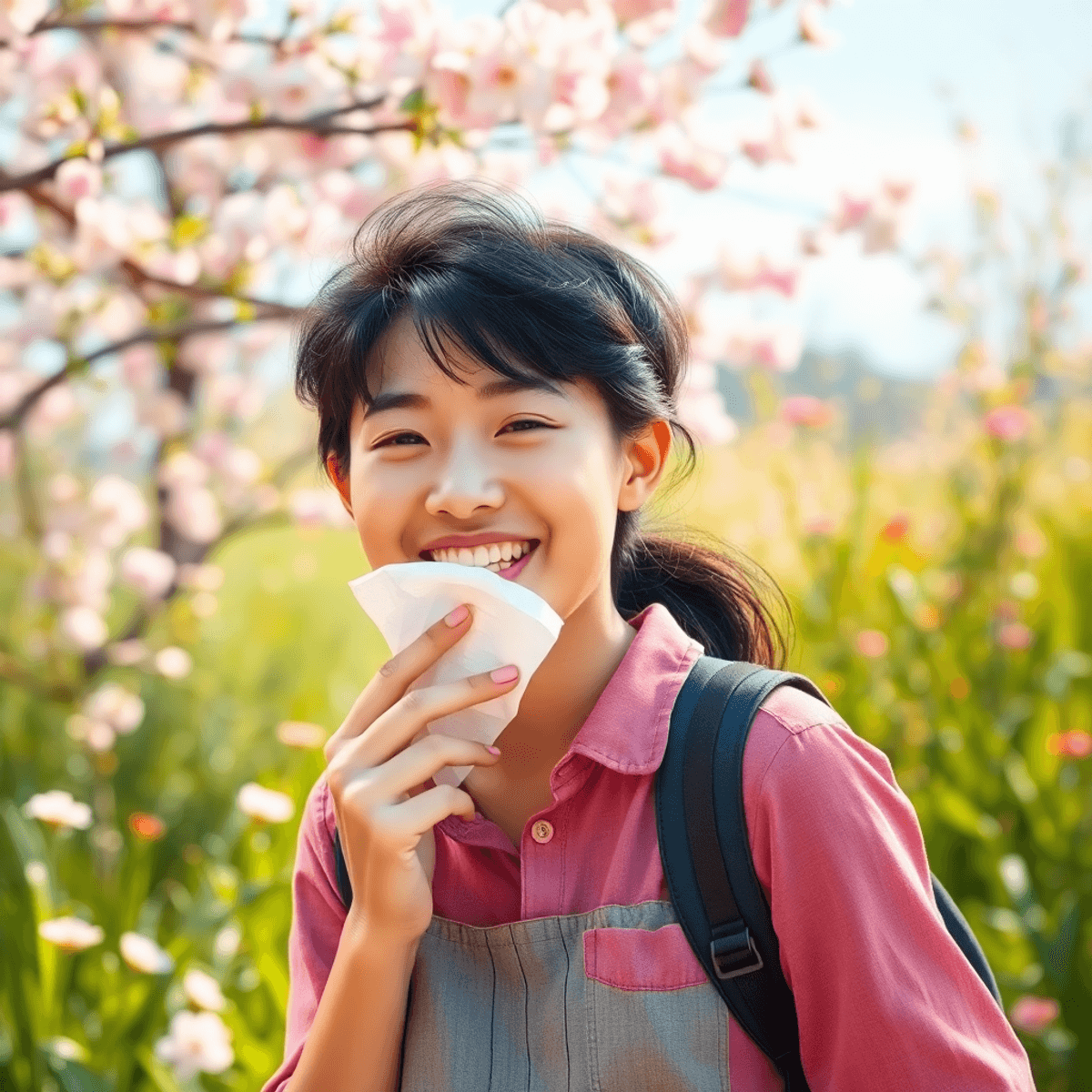 A person smiling and holding a tissue, surrounded by blooming flowers and greenery in a vibrant spring setting, conveying joy despite allergy season.