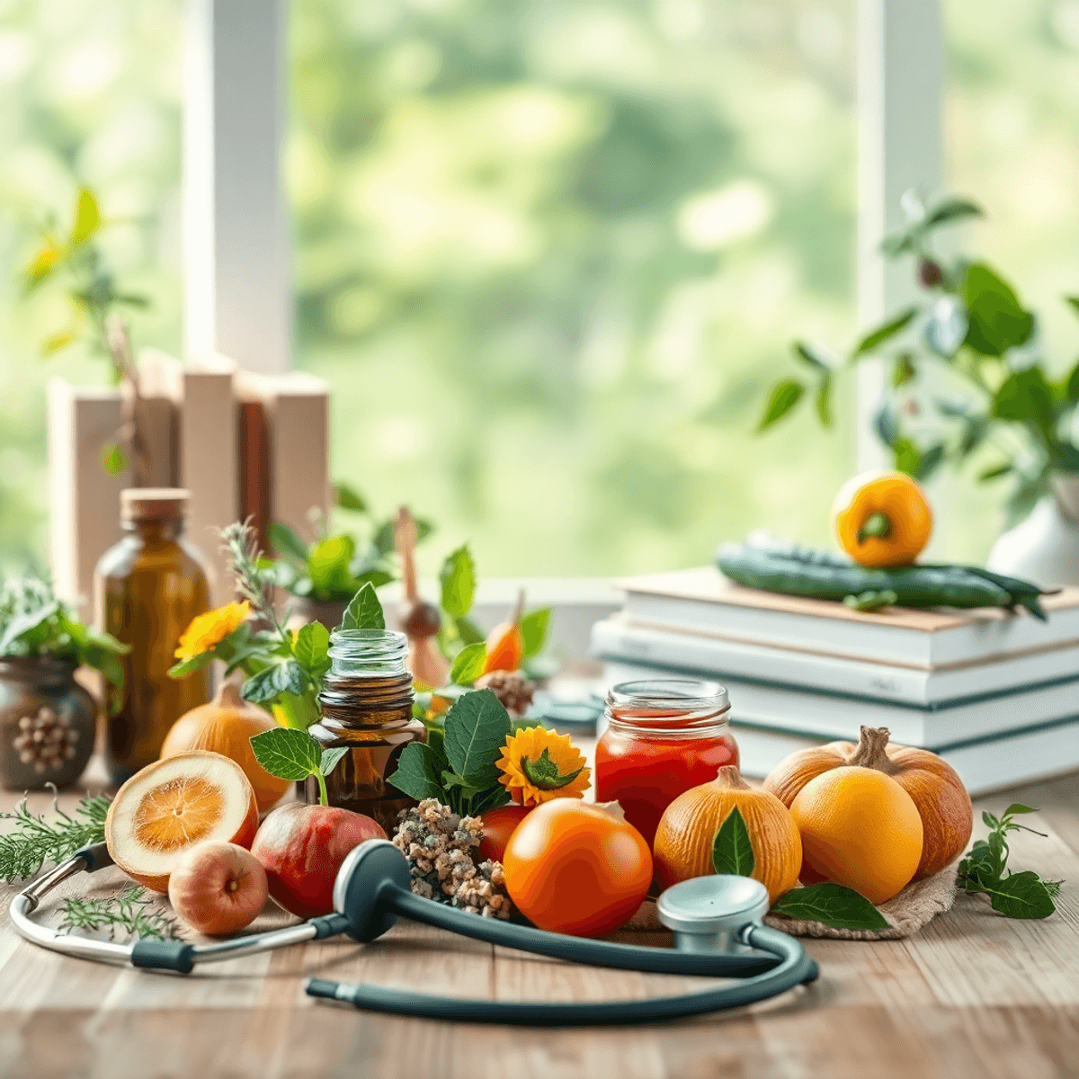 A serene healthcare setting featuring herbal remedies, fresh fruits, and vegetables artistically arranged with a stethoscope and medical books, sur...