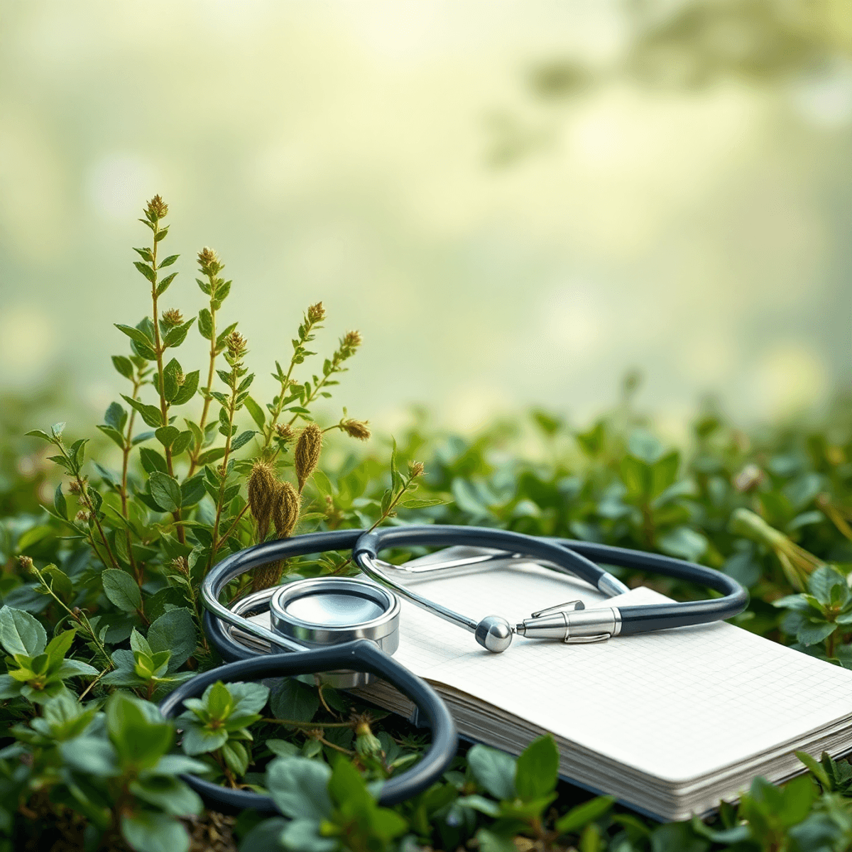 A serene nature scene with herbal plants, a stethoscope, and an open notebook with a pen, set against a calming background that promotes natural he...